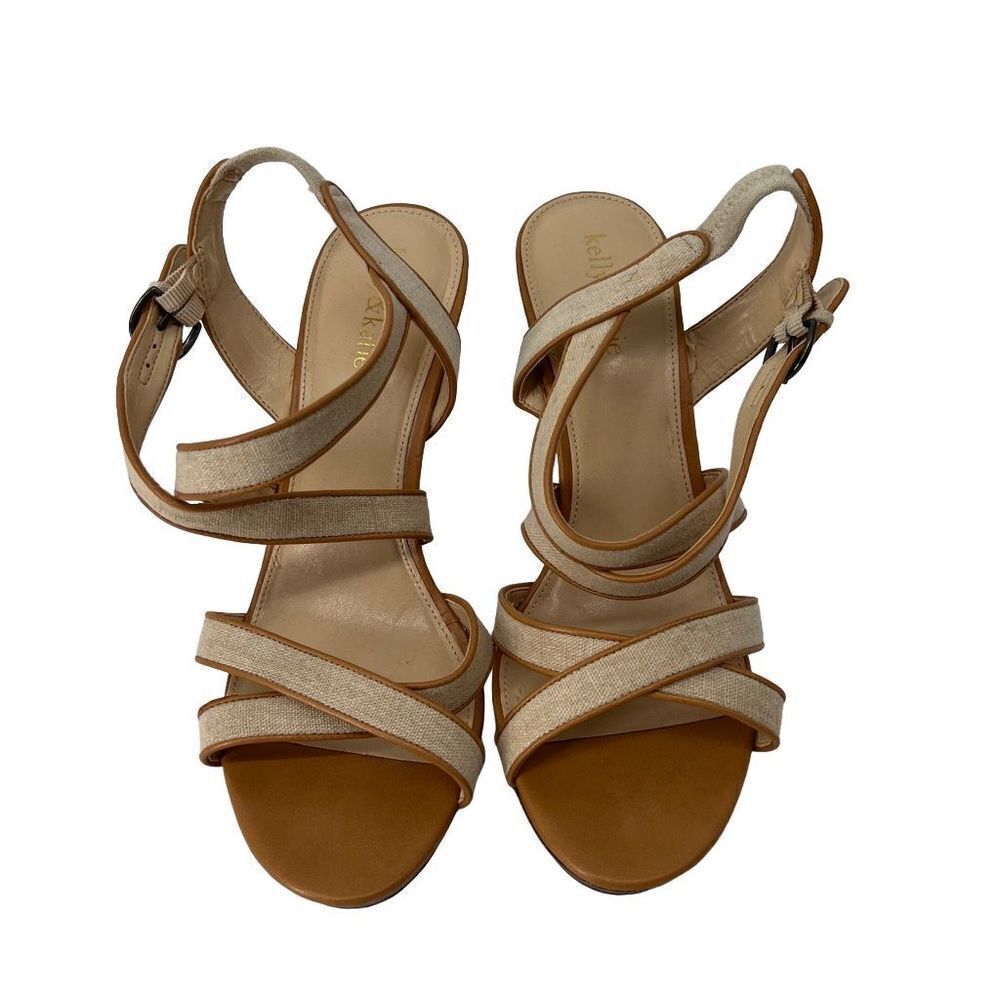 Kelly & Katie Canvas and Tan Faux Leather Heeled Sandals Womens 10